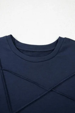 Hot Dear-Lover Solid Color Toothpick Stripe Round Neck T Shirt Dirty blue
