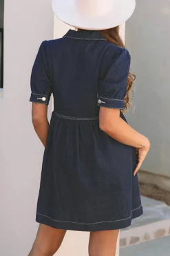 Discount Dear-Lover Zipped up Bodice Collared Short Puff Sleeve Denim Dress Dirty blue
