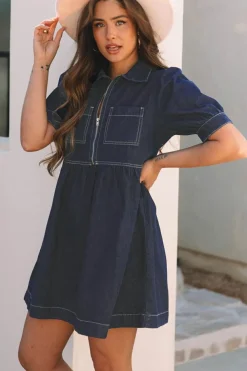 Discount Dear-Lover Zipped up Bodice Collared Short Puff Sleeve Denim Dress Dirty blue