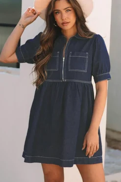 Discount Dear-Lover Zipped up Bodice Collared Short Puff Sleeve Denim Dress Dirty blue