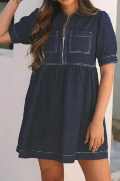 Discount Dear-Lover Zipped up Bodice Collared Short Puff Sleeve Denim Dress Dirty blue
