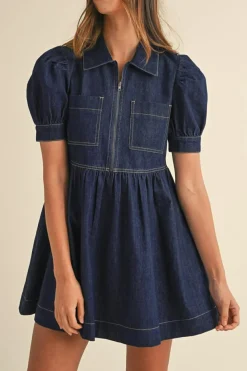 Discount Dear-Lover Zipped up Bodice Collared Short Puff Sleeve Denim Dress Dirty blue