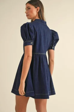 Discount Dear-Lover Zipped up Bodice Collared Short Puff Sleeve Denim Dress Dirty blue
