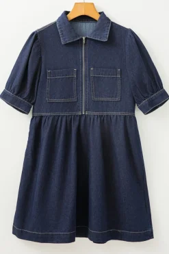 Discount Dear-Lover Zipped up Bodice Collared Short Puff Sleeve Denim Dress Dirty blue