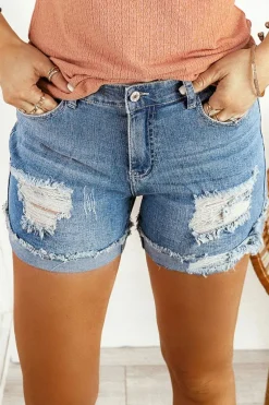Outlet Dear-Lover Distressed Ripped Rolled Hem Denim Shorts Sky Blue