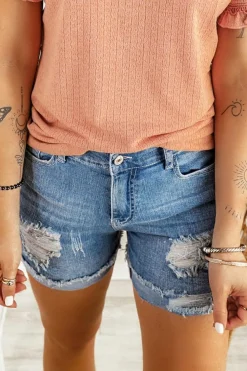 Outlet Dear-Lover Distressed Ripped Rolled Hem Denim Shorts Sky Blue