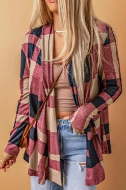 Fashion Dear-Lover Draped Open Front Plaid Cardigan Fiery Red