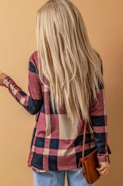 Fashion Dear-Lover Draped Open Front Plaid Cardigan Fiery Red