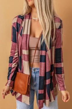 Fashion Dear-Lover Draped Open Front Plaid Cardigan Fiery Red