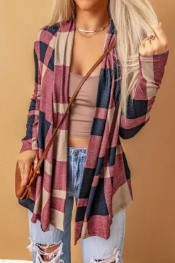 Fashion Dear-Lover Draped Open Front Plaid Cardigan Fiery Red
