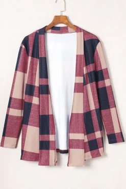 Fashion Dear-Lover Draped Open Front Plaid Cardigan Fiery Red
