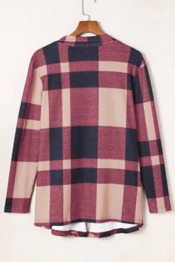 Fashion Dear-Lover Draped Open Front Plaid Cardigan Fiery Red