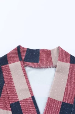 Fashion Dear-Lover Draped Open Front Plaid Cardigan Fiery Red