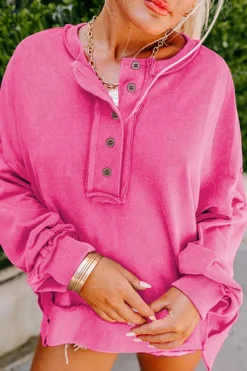 New Dear-Lover Drop Shoulder Henley Buttons Sweatshirt Strawberry Pink