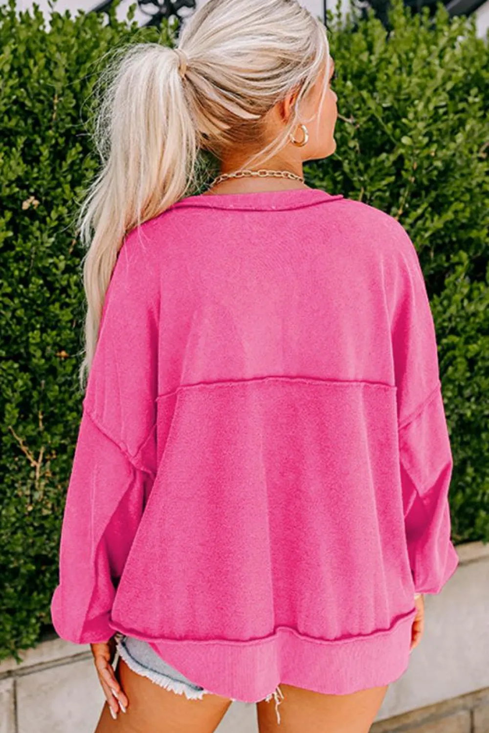 New Dear-Lover Drop Shoulder Henley Buttons Sweatshirt Strawberry Pink