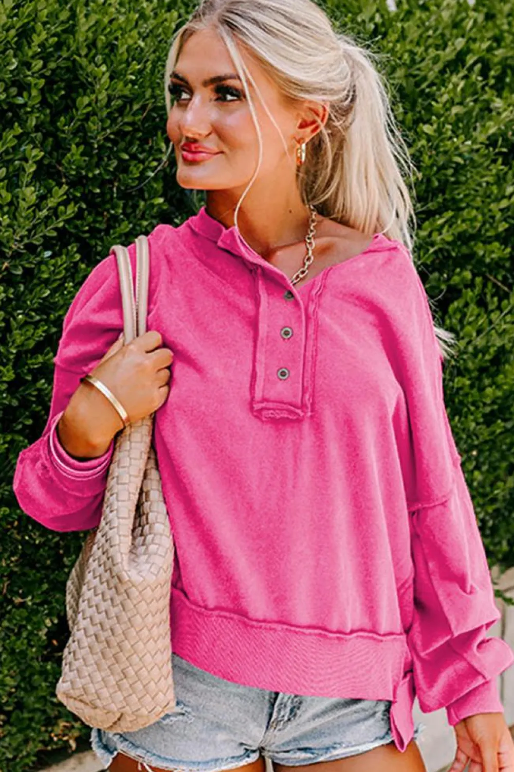 New Dear-Lover Drop Shoulder Henley Buttons Sweatshirt Strawberry Pink