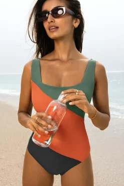 Fashion Dear-Lover Color Block Padded Square Neck One Piece Swimsuit Duffel Green