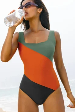 Fashion Dear-Lover Color Block Padded Square Neck One Piece Swimsuit Duffel Green