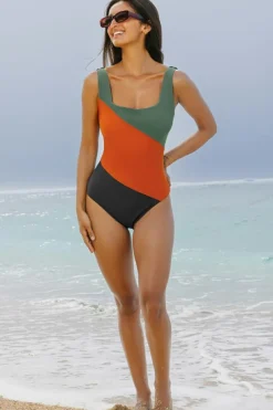Fashion Dear-Lover Color Block Padded Square Neck One Piece Swimsuit Duffel Green