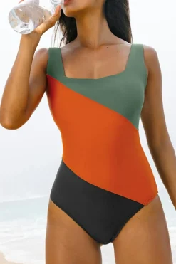 Fashion Dear-Lover Color Block Padded Square Neck One Piece Swimsuit Duffel Green