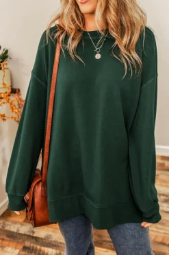 New Dear-Lover Oversized Drop Shoulder Split Hem Sweatshirt Duffel Green