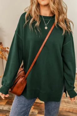 New Dear-Lover Oversized Drop Shoulder Split Hem Sweatshirt Duffel Green