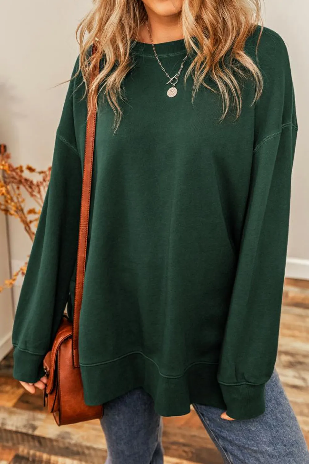 New Dear-Lover Oversized Drop Shoulder Split Hem Sweatshirt Duffel Green