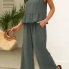 Hot Dear-Lover Solid Color Ribbed Ruffle Tank Top and Pants Set Duffel Green