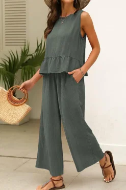 Hot Dear-Lover Solid Color Ribbed Ruffle Tank Top and Pants Set Duffel Green