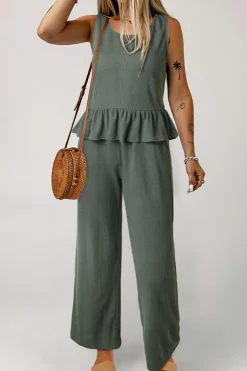 Hot Dear-Lover Solid Color Ribbed Ruffle Tank Top and Pants Set Duffel Green