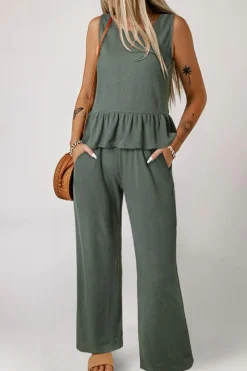 Hot Dear-Lover Solid Color Ribbed Ruffle Tank Top and Pants Set Duffel Green
