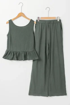 Hot Dear-Lover Solid Color Ribbed Ruffle Tank Top and Pants Set Duffel Green
