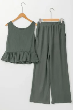 Hot Dear-Lover Solid Color Ribbed Ruffle Tank Top and Pants Set Duffel Green