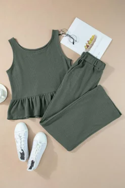 Hot Dear-Lover Solid Color Ribbed Ruffle Tank Top and Pants Set Duffel Green