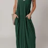 Discount Dear-Lover Spaghetti Straps Pocketed Slouchy Maxi Dress Duffel Green