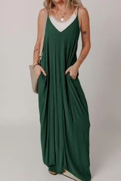 Discount Dear-Lover Spaghetti Straps Pocketed Slouchy Maxi Dress Duffel Green