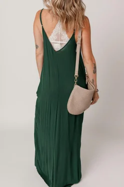Discount Dear-Lover Spaghetti Straps Pocketed Slouchy Maxi Dress Duffel Green