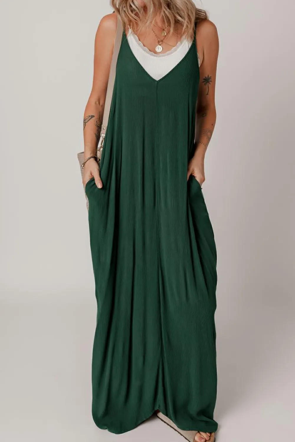 Discount Dear-Lover Spaghetti Straps Pocketed Slouchy Maxi Dress Duffel Green