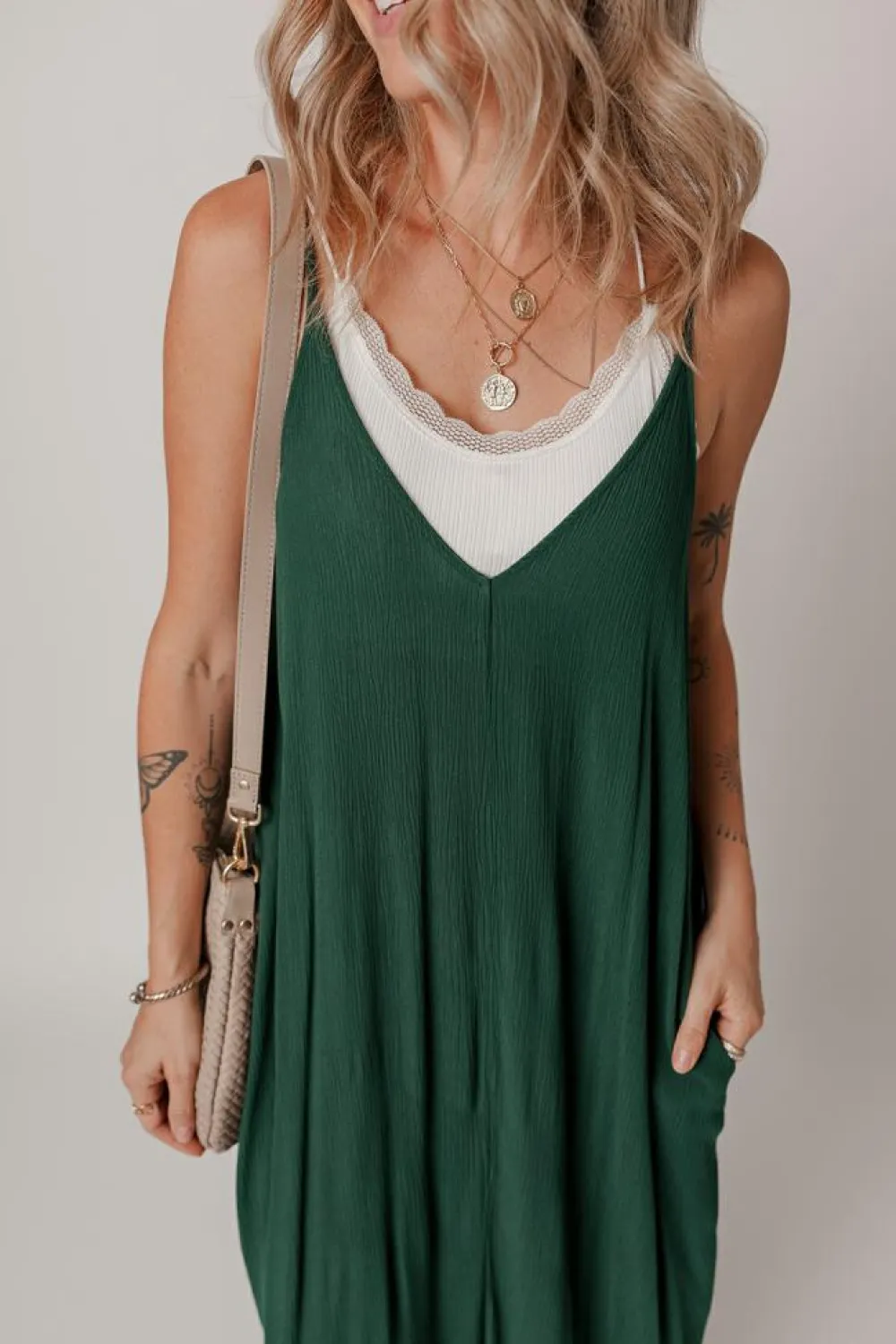 Discount Dear-Lover Spaghetti Straps Pocketed Slouchy Maxi Dress Duffel Green