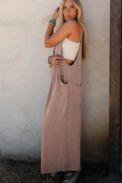 Discount Dear-Lover Corded Adjustable Straps Wide Leg Loose Overall DUNE