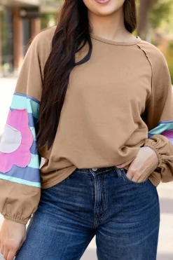 New Dear-Lover Flower Patchwork Raglan Sleeve Exposed Seam Oversized Top DUNE