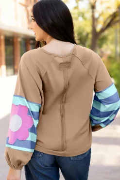 New Dear-Lover Flower Patchwork Raglan Sleeve Exposed Seam Oversized Top DUNE