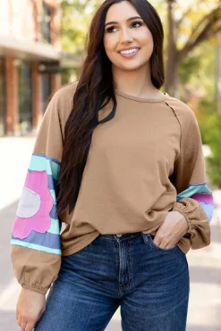 New Dear-Lover Flower Patchwork Raglan Sleeve Exposed Seam Oversized Top DUNE