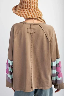 New Dear-Lover Flower Patchwork Raglan Sleeve Exposed Seam Oversized Top DUNE