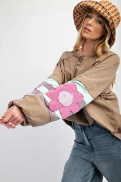 New Dear-Lover Flower Patchwork Raglan Sleeve Exposed Seam Oversized Top DUNE