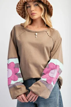 New Dear-Lover Flower Patchwork Raglan Sleeve Exposed Seam Oversized Top DUNE