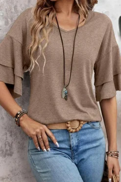 Sale Dear-Lover Solid Colour V-Neck Double Layer Sleeve Loose T-Shirt DUNE