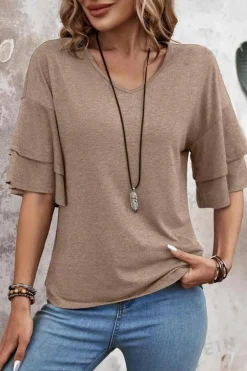 Sale Dear-Lover Solid Colour V-Neck Double Layer Sleeve Loose T-Shirt DUNE
