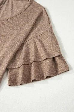 Sale Dear-Lover Solid Colour V-Neck Double Layer Sleeve Loose T-Shirt DUNE