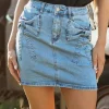 Clearance Dear-Lover Acid Wash Bowknot Details High Waist Denim Skirt Dusk Blue